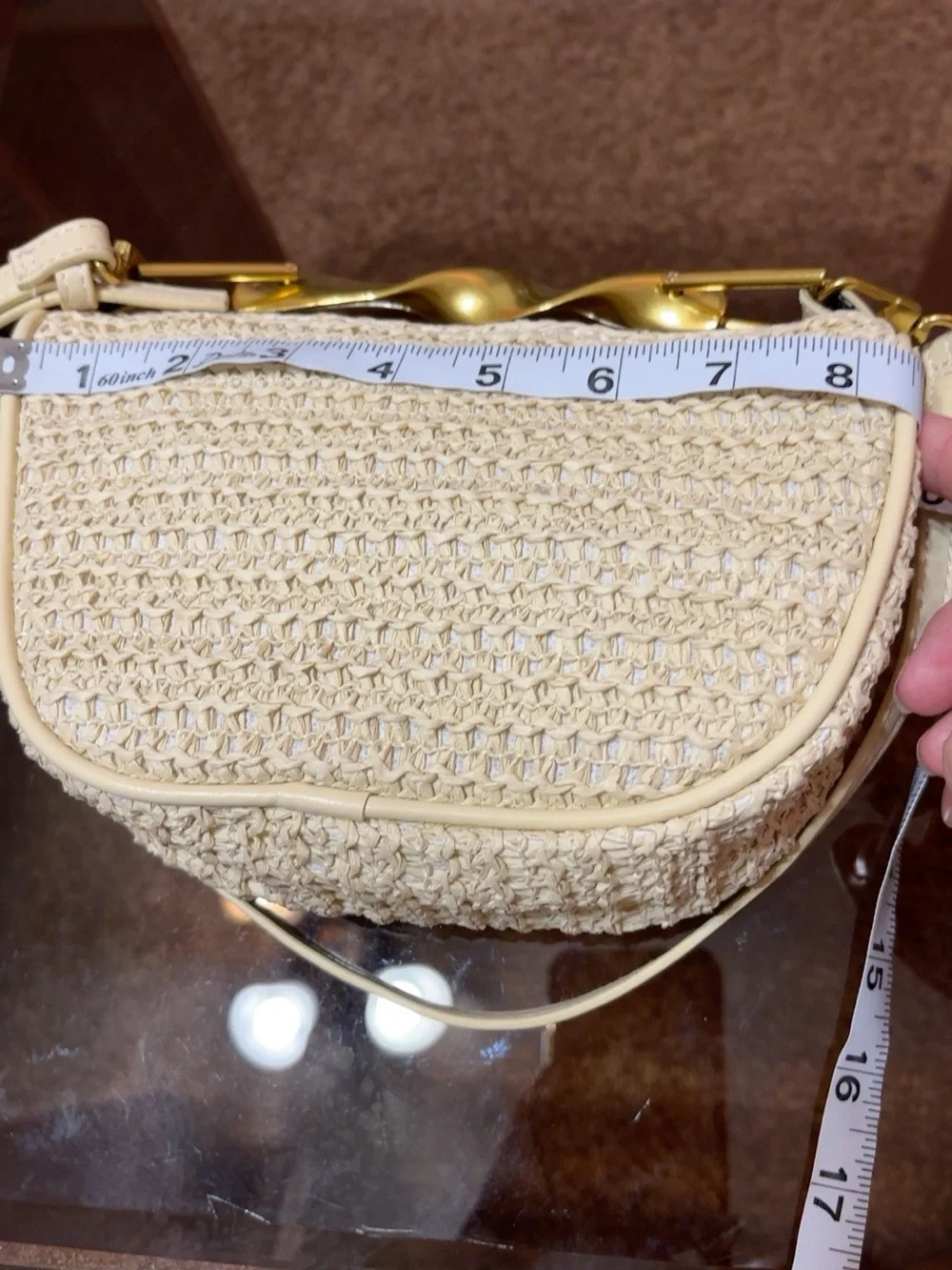 Cream Woven Raffia Mini Crossbody Clutch Bag Sculptural Gold Hardware